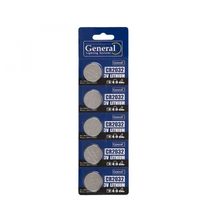 Батарейка General GBAT-CR2032 кнопочная литиевая 5шт в блист (5/100/2000)