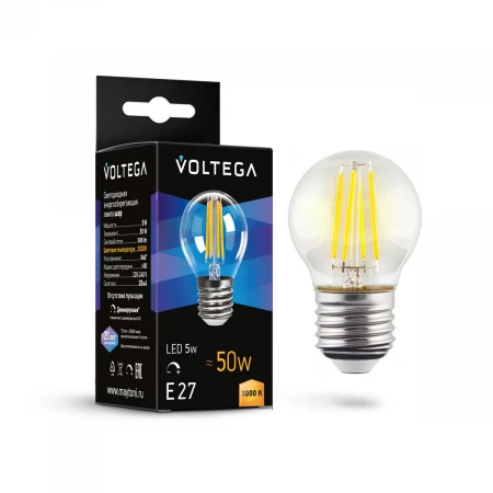 Лампа светодиодная диммируемая Voltega E27 5W 3000К прозрачная 7202